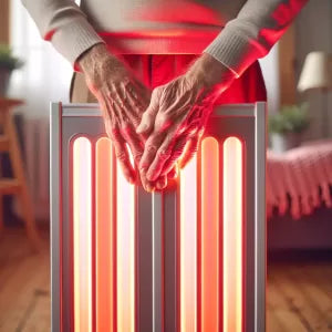 A red light therapy device being used on a knee with osteoarthritis.