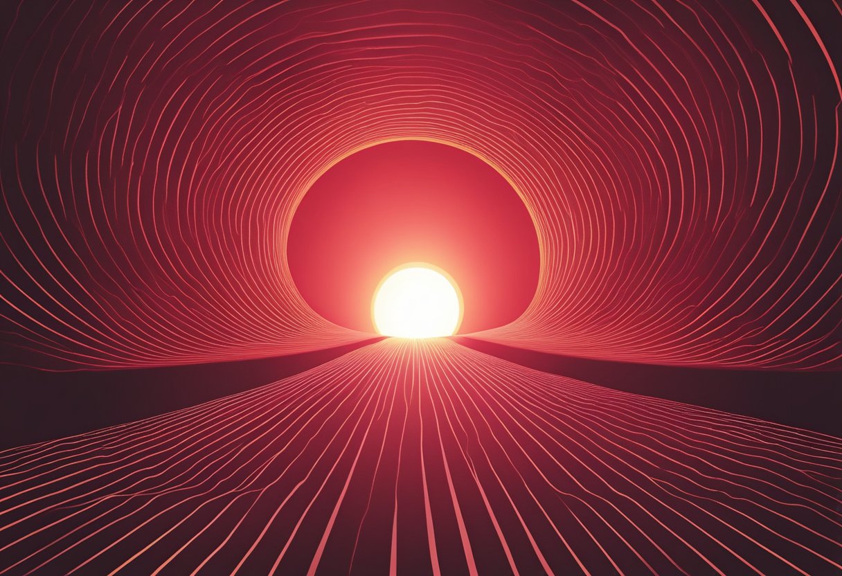 A red light passes through a medium, its wavelength stretching and bending as it travels