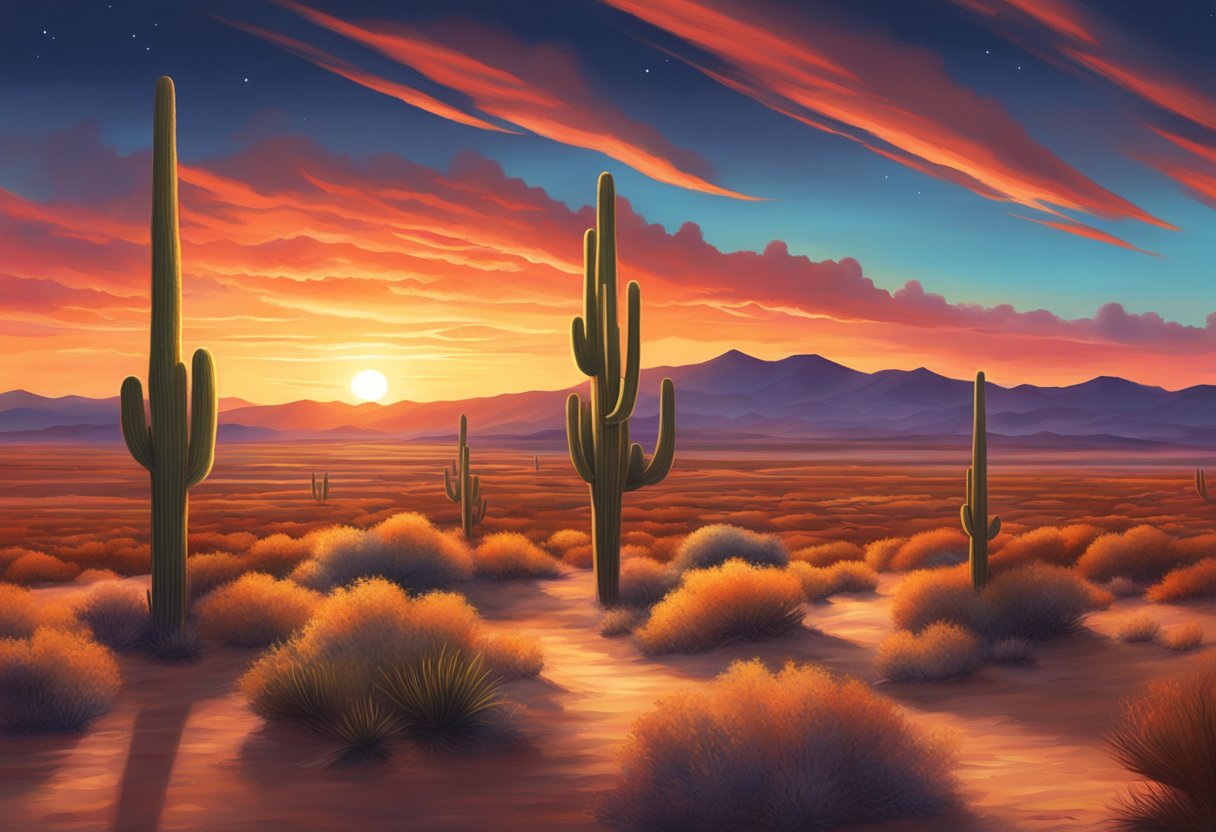 A glowing red light illuminates the New Mexico desert, casting a warm and vibrant hue across the landscape