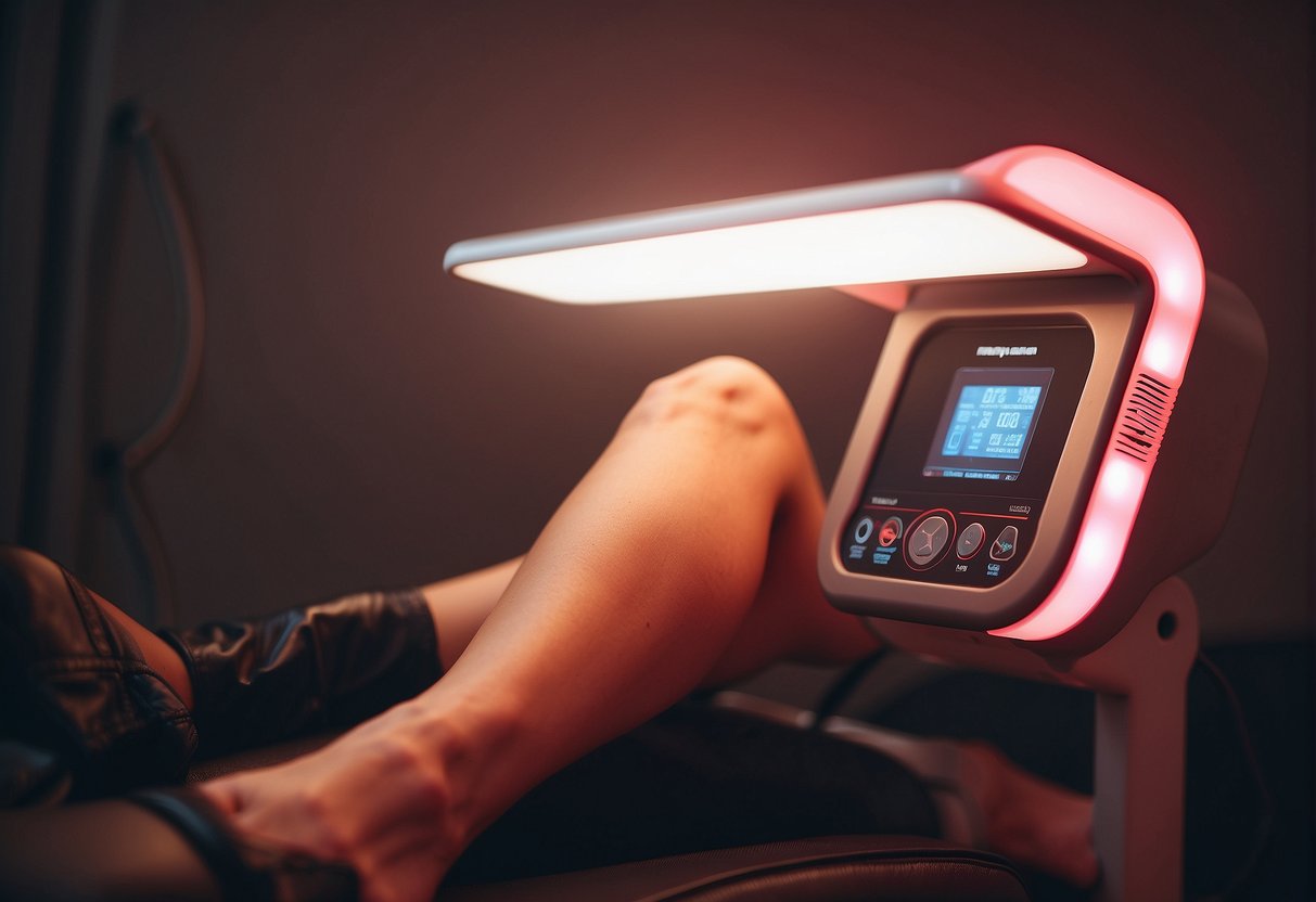A room with a red light therapy device targeting varicose veins on a leg