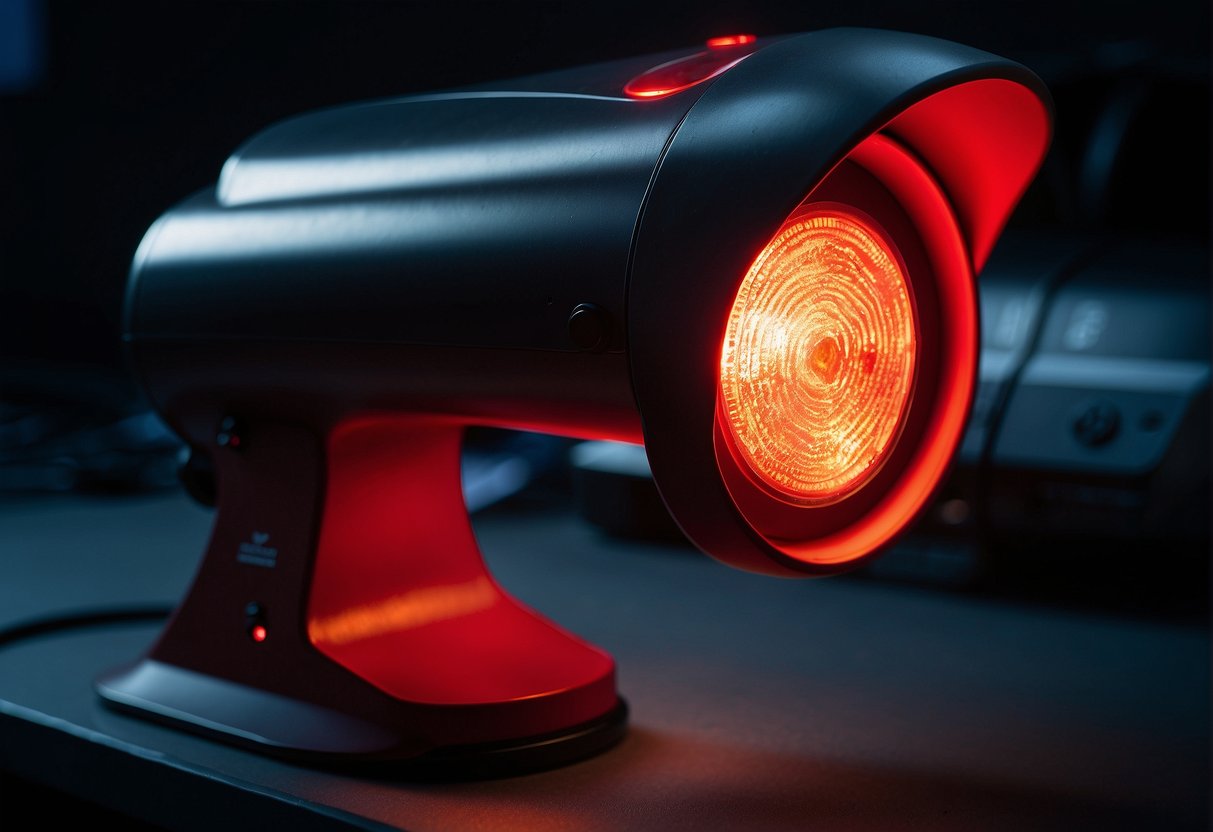 A red light therapy device emitting light onto inflamed area, with warning signs indicating contraindications