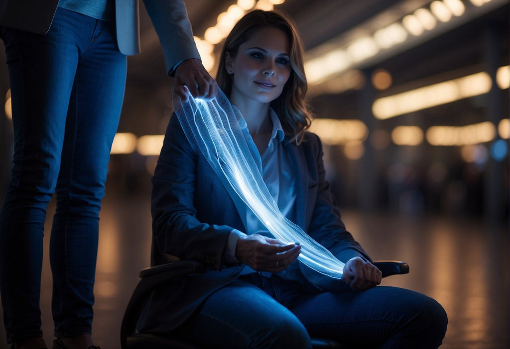 A person's knees being surrounded by a pulsating electromagnetic field, with a soothing blue light emanating from the device