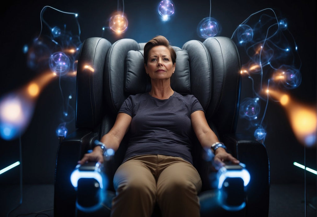A person sits in a comfortable chair, surrounded by PEMF devices emitting gentle electromagnetic pulses. The devices are placed strategically around the person's body, targeting areas affected by arthritis