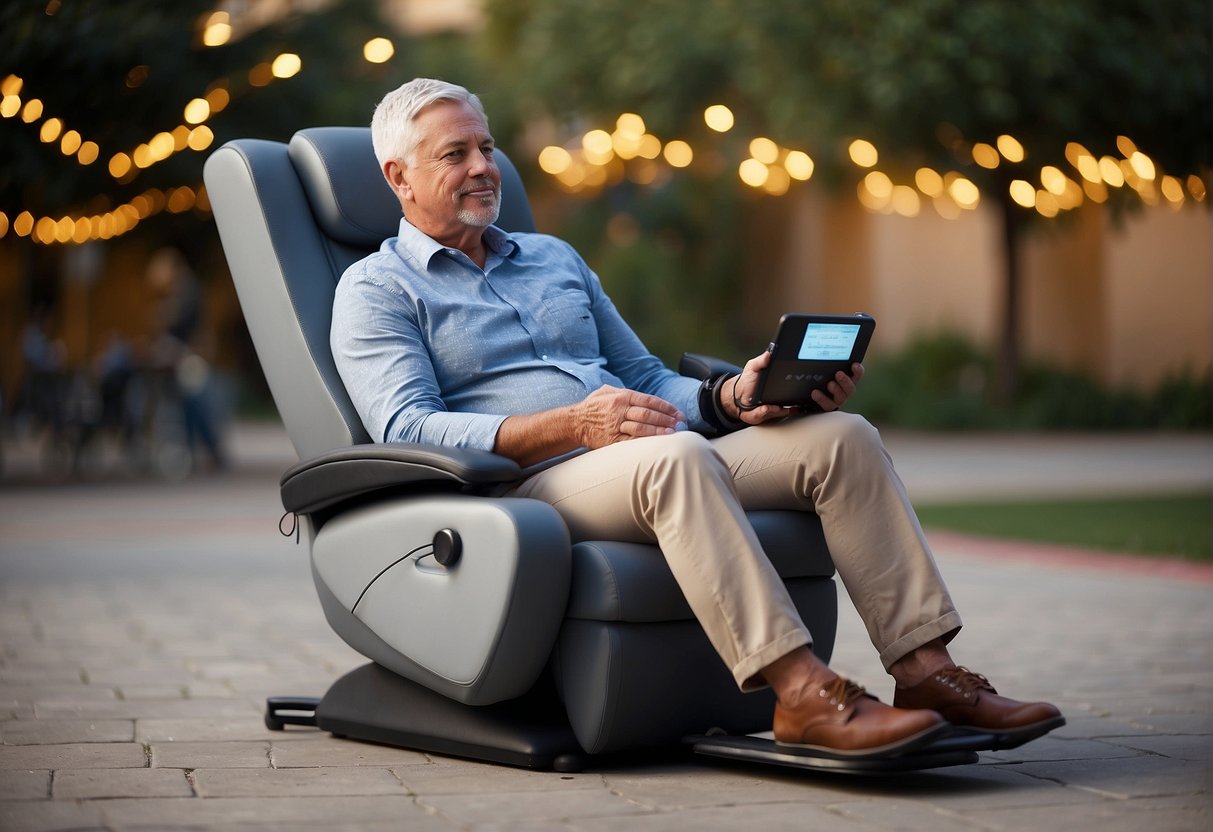 A person sits comfortably as a PEMF device emits gentle electromagnetic pulses, targeting arthritis pain and promoting relief