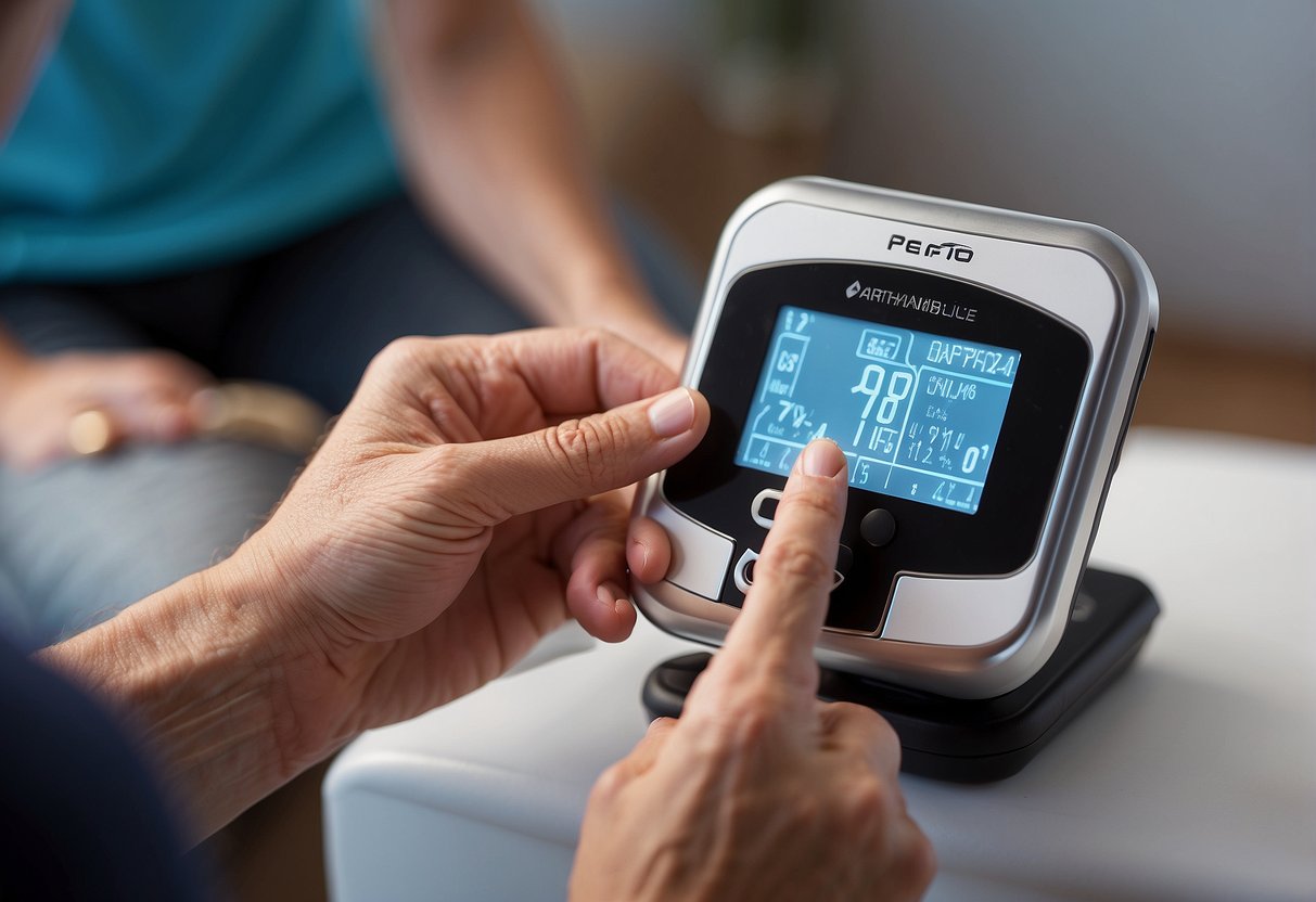 A person using a PEMF therapy device on a joint, with a clear illustration of the device and its application for arthritis relief