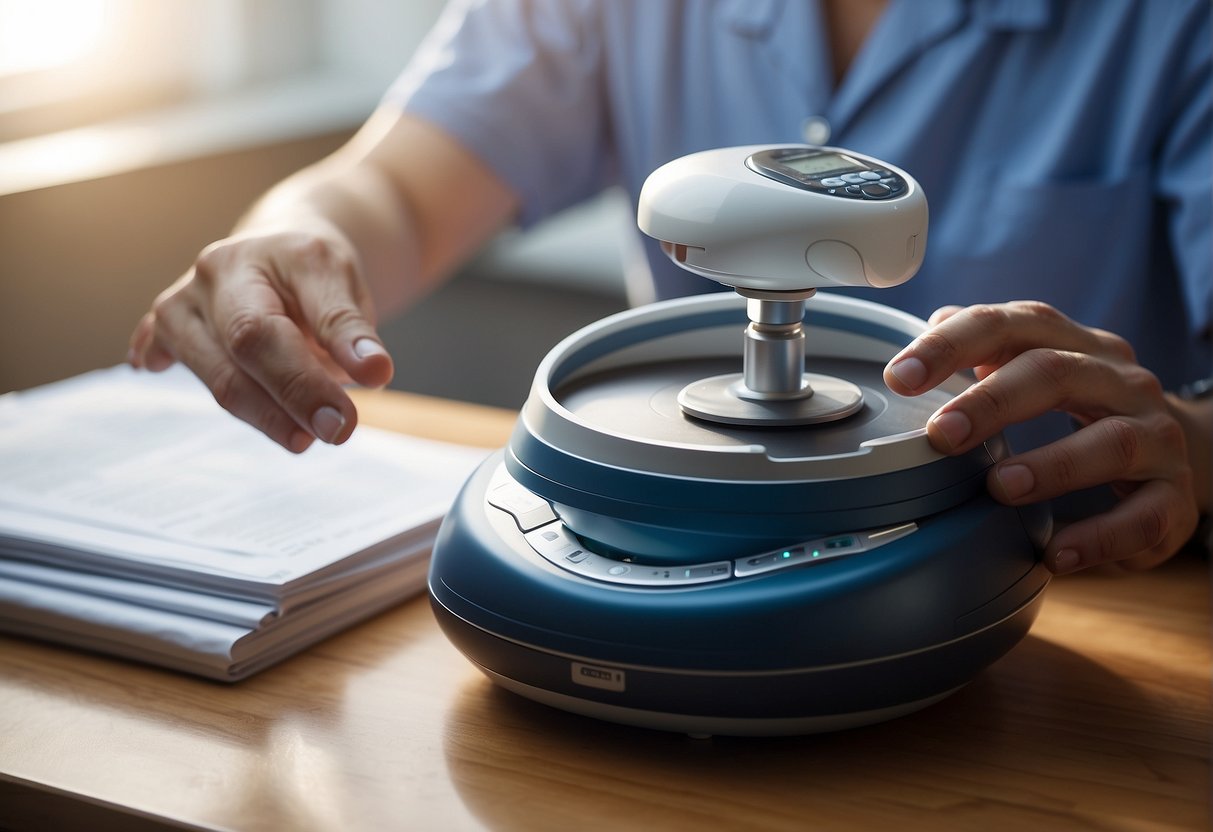 A person using PEMF therapy device on a swollen joint, surrounded by scientific research papers and medical equipment