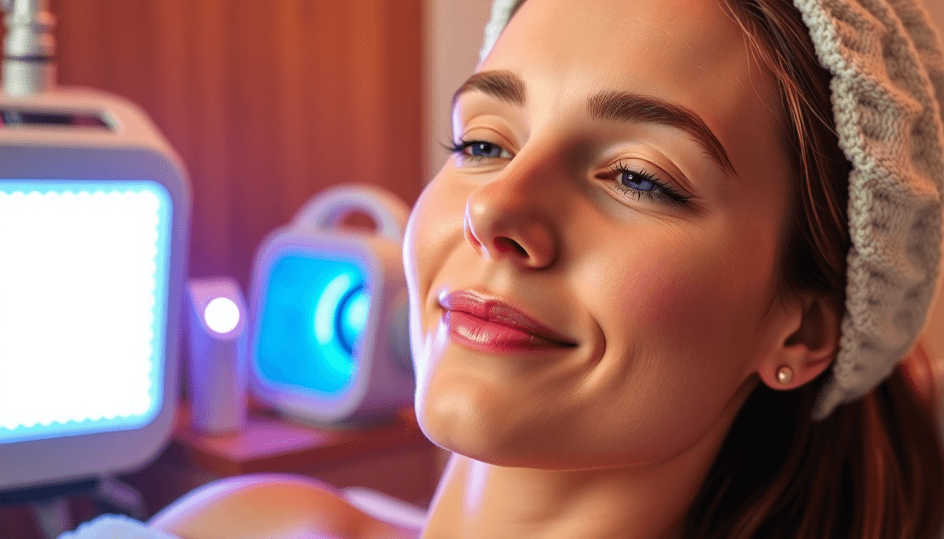 Woman enjoying light therapy for acne treatment in a spa setting.