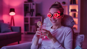 A creative and contemporary image of a woman comfortably seated at home, wearing red-tinted goggles. The red light emitted fromthe goggles creates a warm and cozy atmosphere.