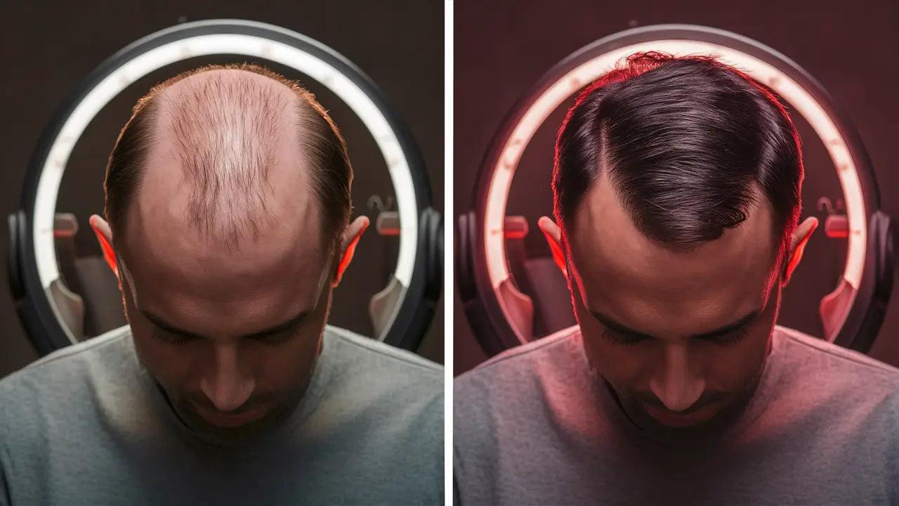 Photo capturing the process of red light therapy on a person's head, focusing on its effectiveness for scalp health and hair rejuvenation