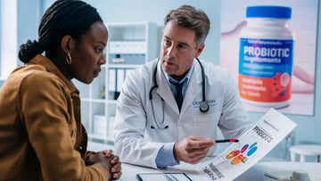 The doctor has a warm smile and holds a small bottle of probiotics. The client is taking notes on a sleek tablet, with a sense of hope in their eyes for losing weight