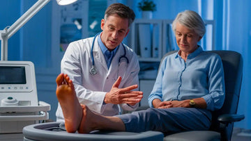 a doctor showing a client about how to use pemf for neuropathy on their foot