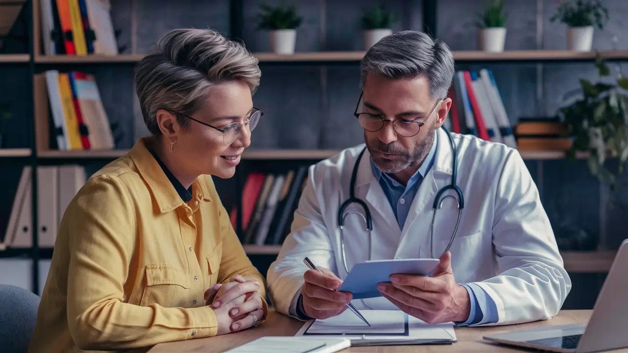 a patient with the doctor going over the results of the microbiome test she did at home