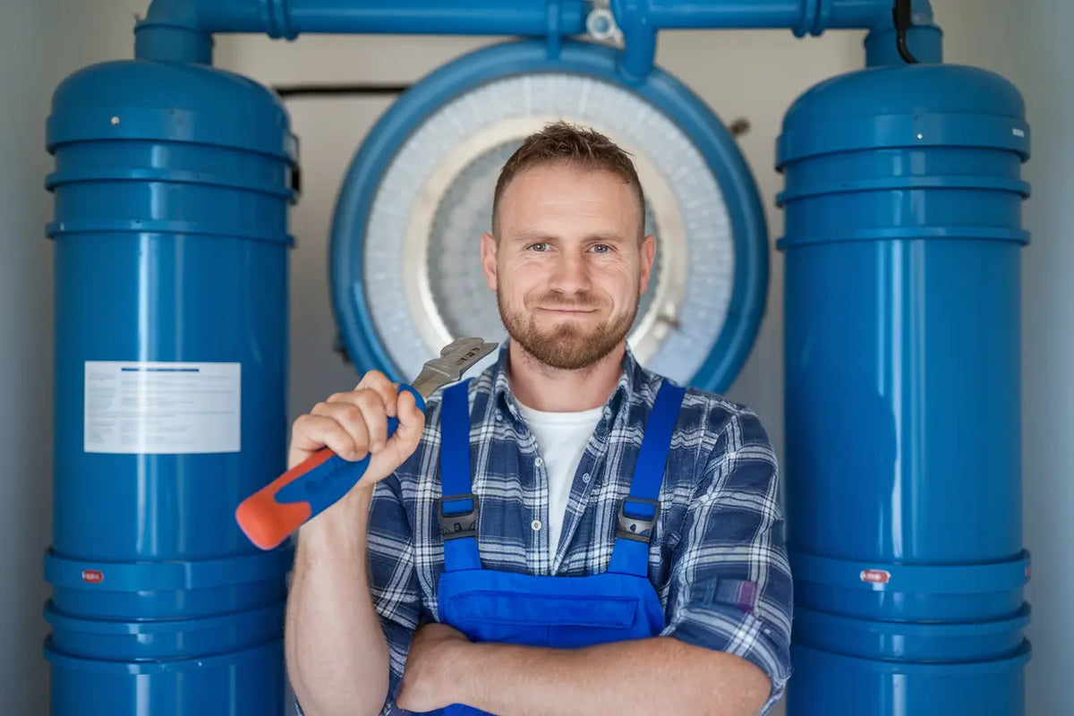 A photo of a plumber with a tool in his hand, standing in front of the best whole house water filter