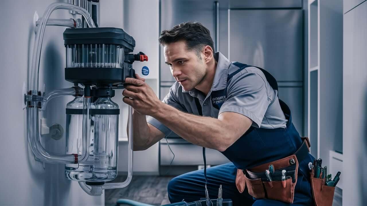 a plumber installing a ph system in a reverse osmosis system