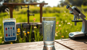 Glass of well water with testing kit and microscope in a rural setting, questioning "Is Well Water Healthy?"