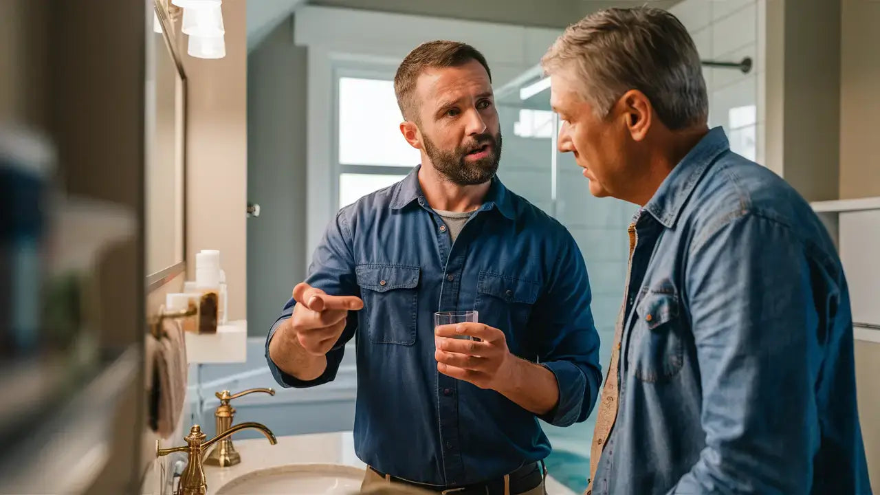 Two men discussing iron in well water quality solutions in a bathroom setting.