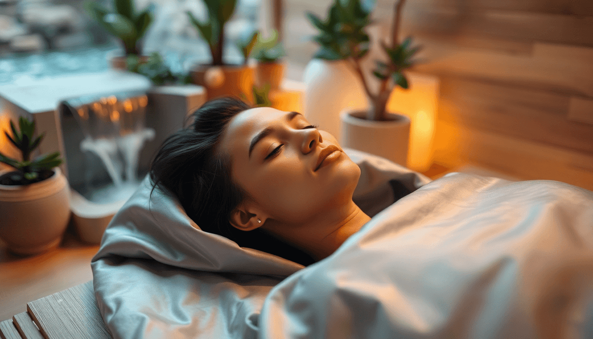 Woman relaxing under an infrared sauna blanket, highlighting the benefits of infrared sauna therapy for wellness.