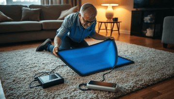 Man using PEMF device at home, illustrating comparison between PEMF and TENS therapy for pain relief and wellness.