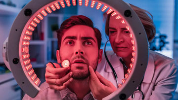 a doctor talking to his client about using light therapy for his herpes