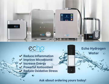 Collection of Echo hydrogen water generators and machines promoting health benefits like reducing inflammation and increasing energy.