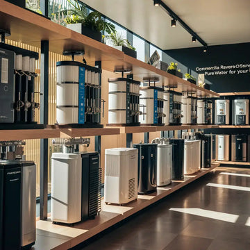 Display of commercial reverse osmosis systems in a showroom setting.