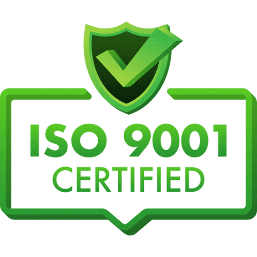 ISO 9001 certified badge with green shield and checkmark symbol.