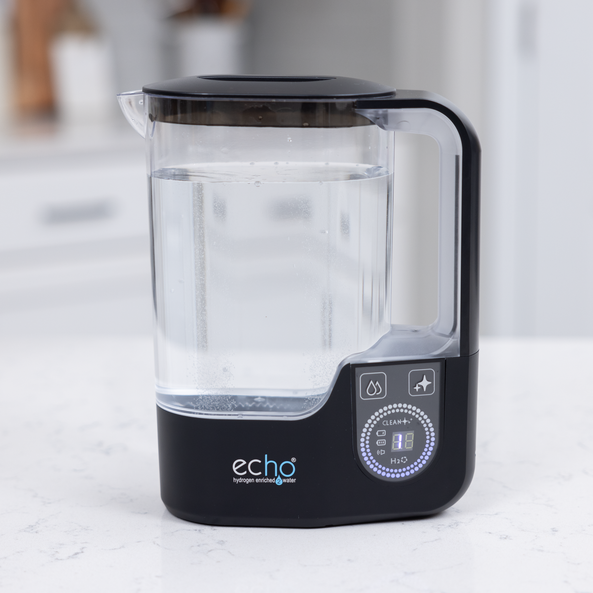 Echo Hydrogen Water Pitcher for enhanced hydration with hydrogen molecules and advanced technology in a sleek black design.