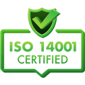 ISO 14001 certified green shield with checkmark symbol, ensuring environmental management standards compliance.