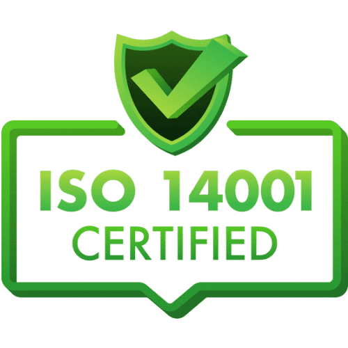 ISO 14001 certified green shield with checkmark symbol, ensuring environmental management standards compliance.