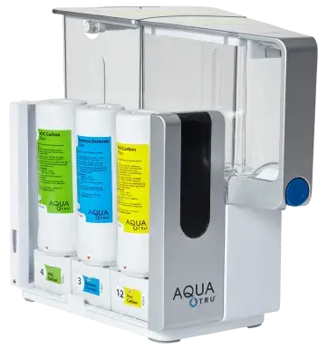 AquaTru Classic Countertop Reverse Osmosis Water Purifier showcasing the 4-stage filtration system for pure water.