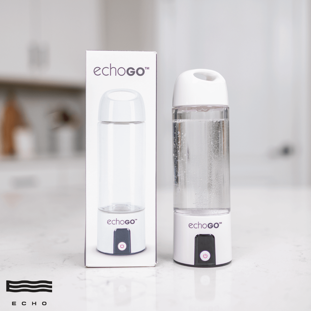 Echo Go Hydrogen Water Bottle with packaging, featuring advanced SPE and PEM technology for enriching water with hydrogen.