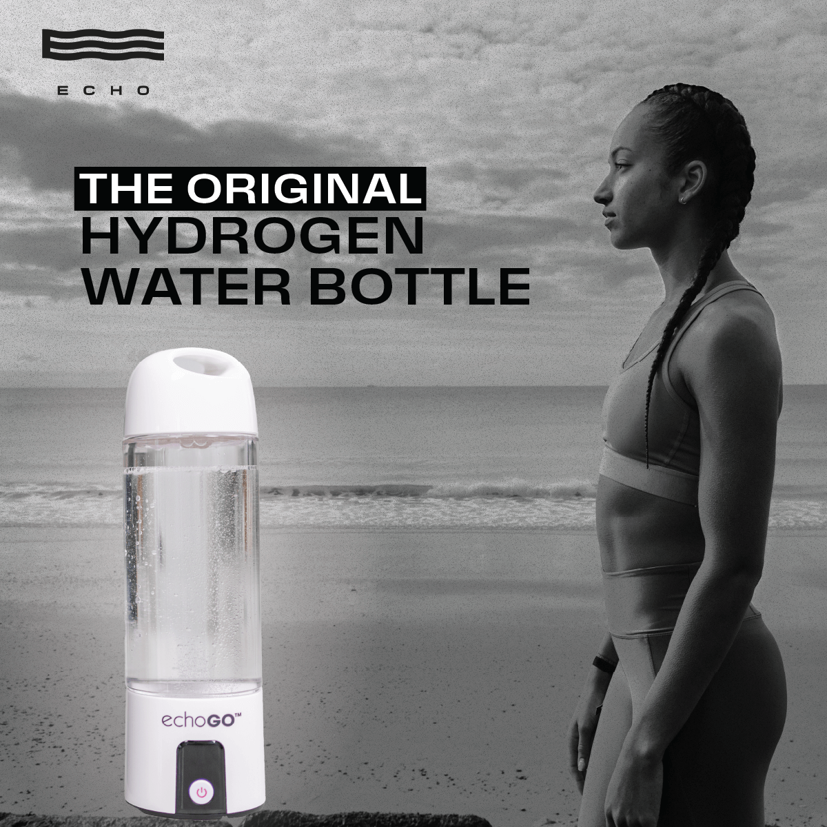 Echo Go Hydrogen Water Bottle with woman by the beach promoting portable health benefits through enriched hydrogen water.