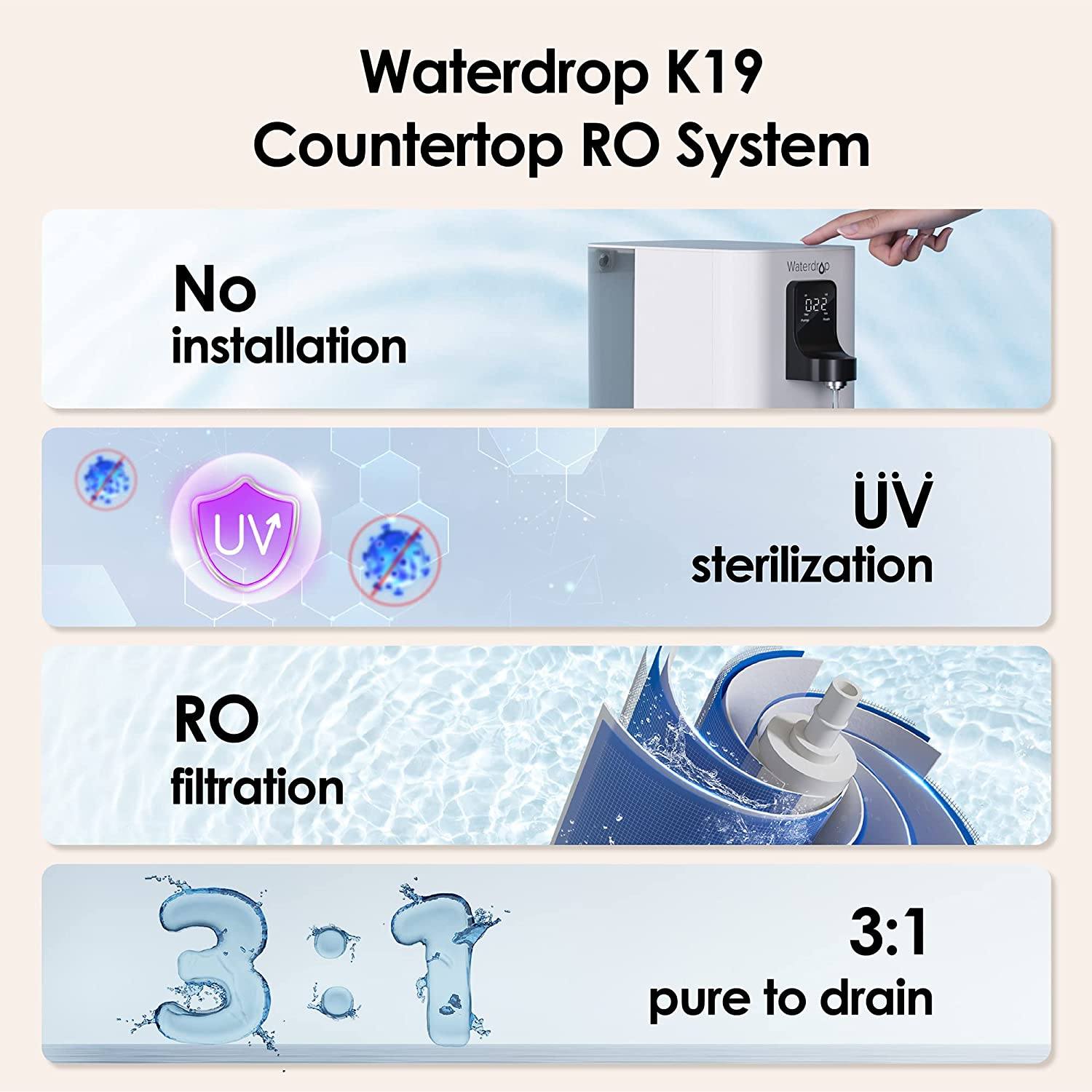 Top view of the Waterdrop K19 filter system with a close-up of the control panel buttons.