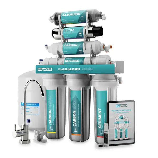 NU Aqua Platinum Series 7 Stage Alkaline UV RO System for home water filtration.