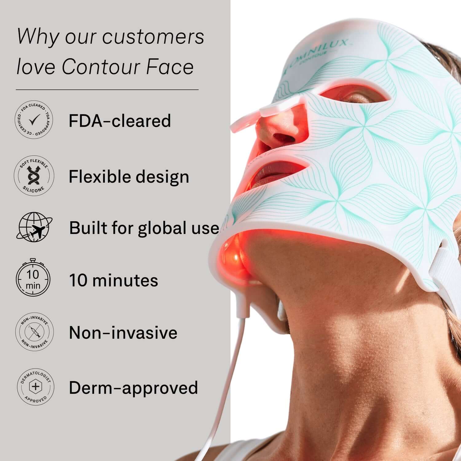 Person using Omnilux Contour Face red light therapy mask with benefits listed, including FDA-cleared, flexible, and non-invasive design.