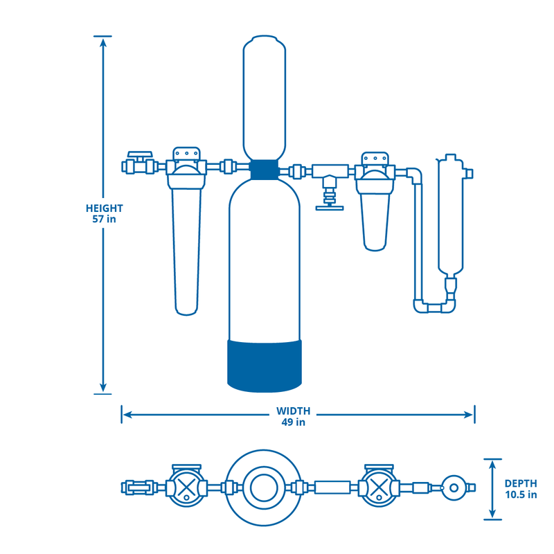 Diagram of Aquasana Rhino Whole House Water Filter for Well Water, showing dimensions: height 57 in, width 49 in, depth 10.5 in.