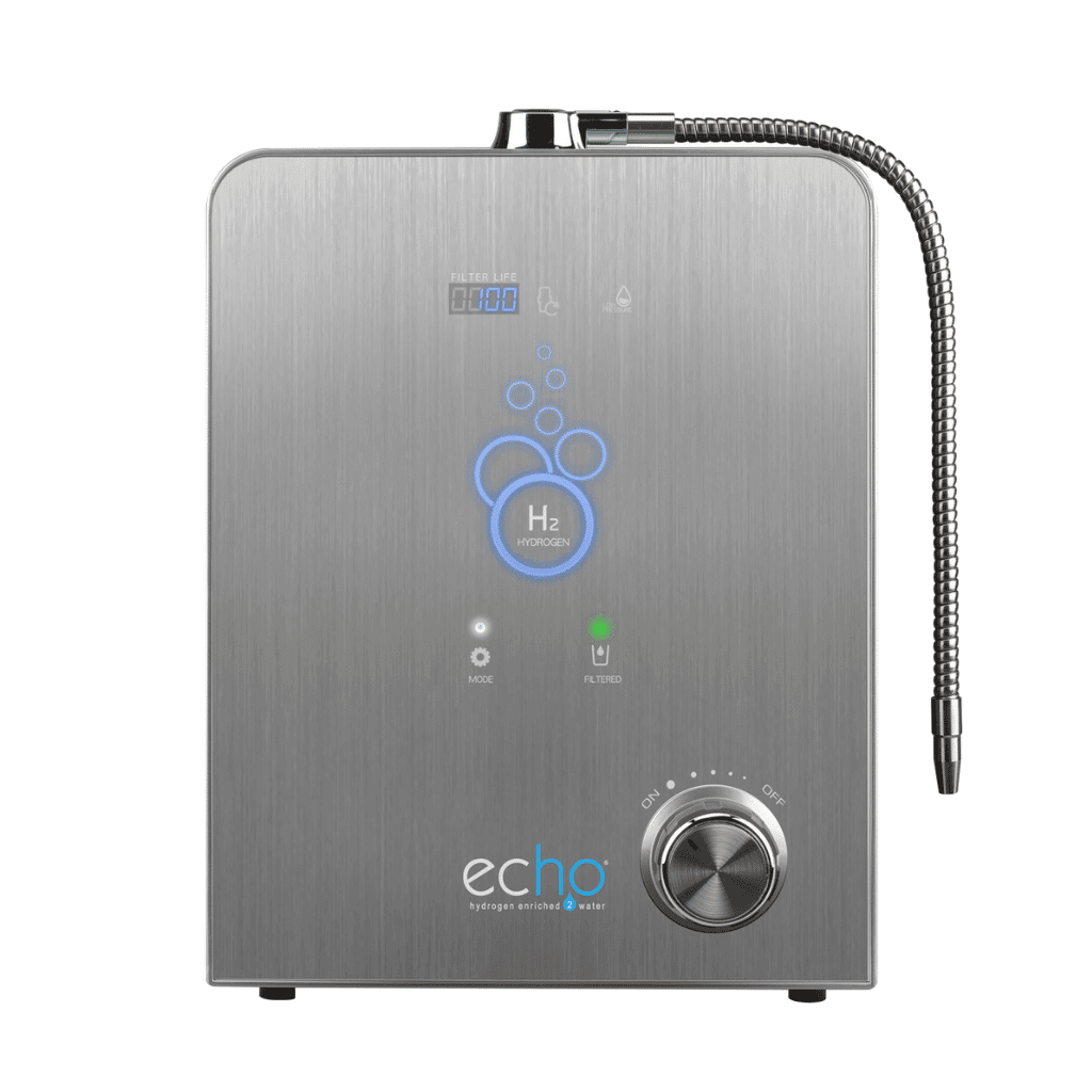 Echo H2 Hydrogen Water Machine for enriched water with high molecular hydrogen concentration, sleek stainless-steel design.