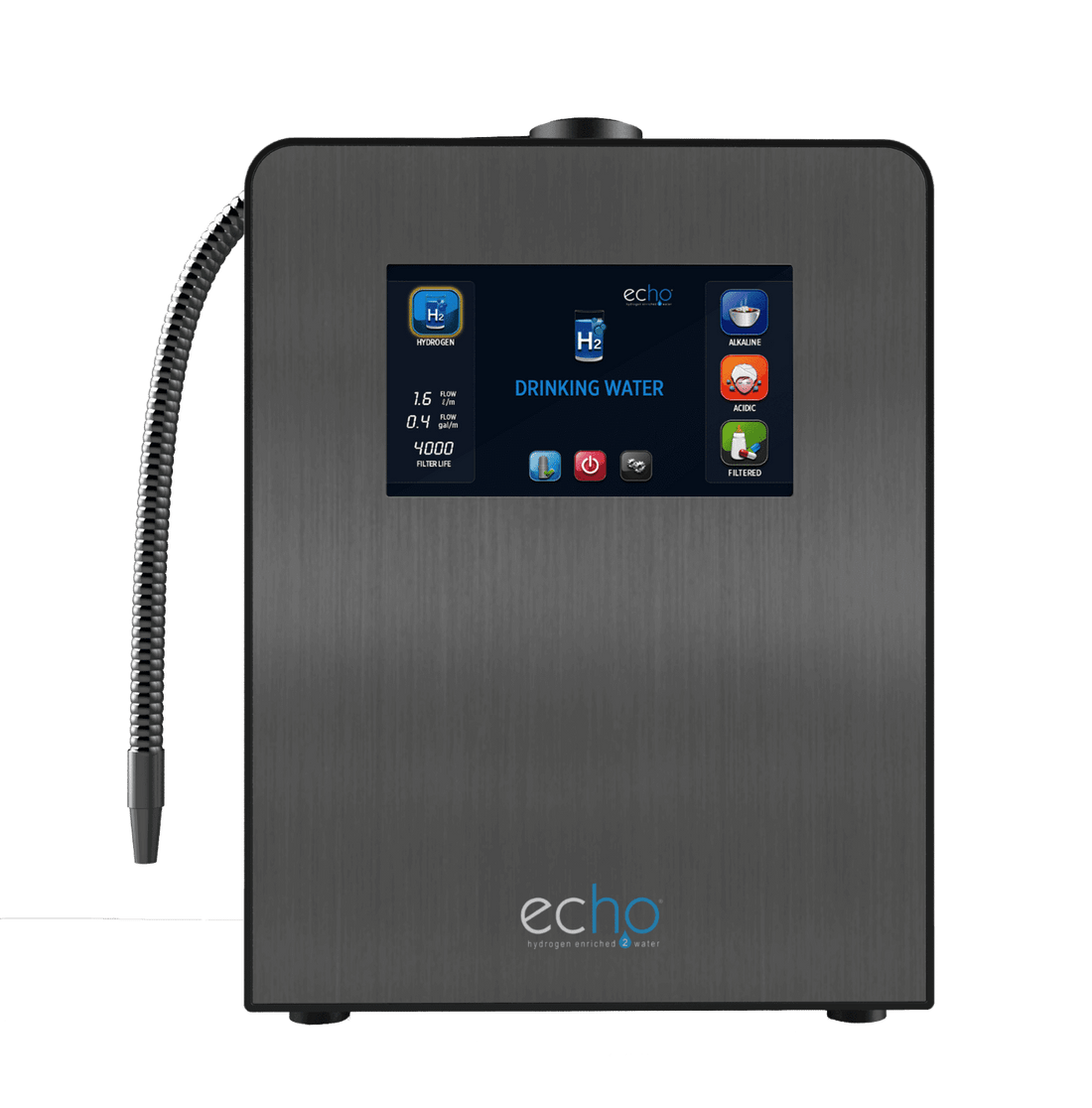 Echo Ultimate Hydrogen Water Machine with touchscreen display for hydrogen, alkaline, acidic, and filtered water.