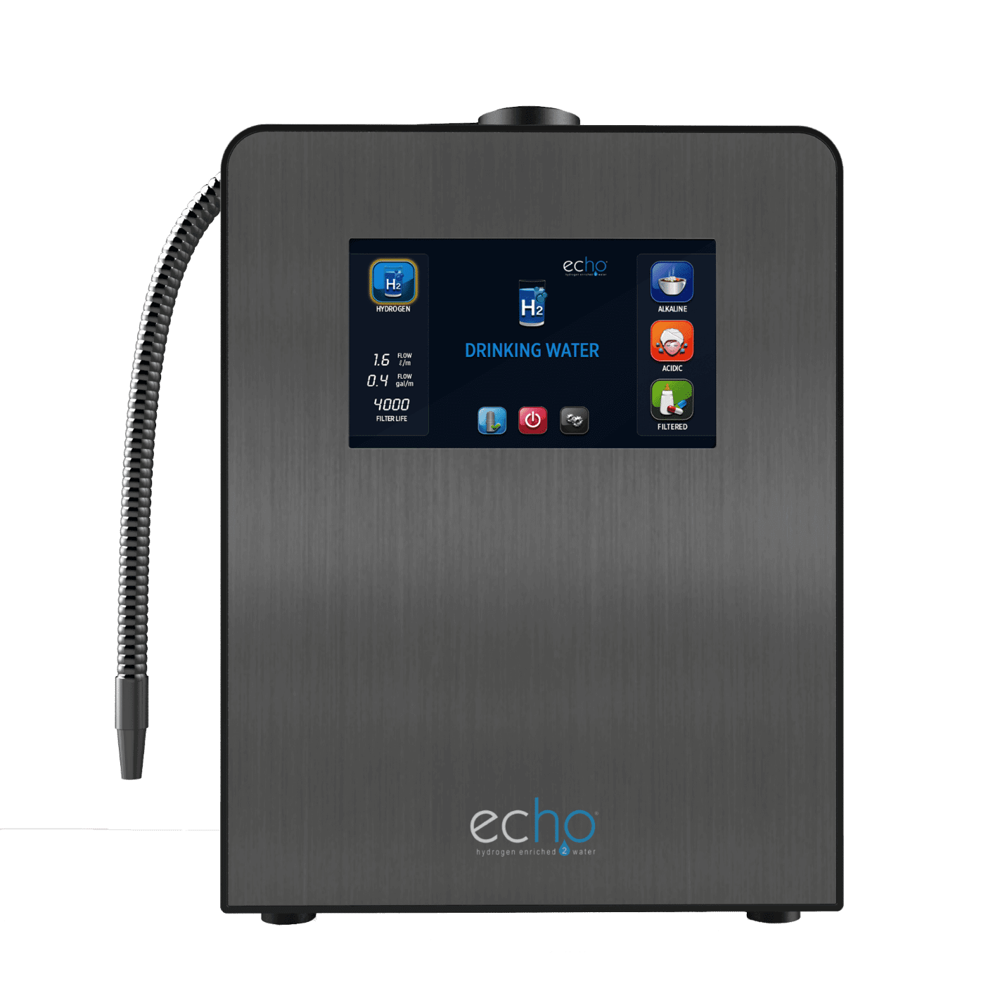 Echo Ultimate Hydrogen Water Machine with touchscreen display for hydrogen, alkaline, acidic, and filtered water.