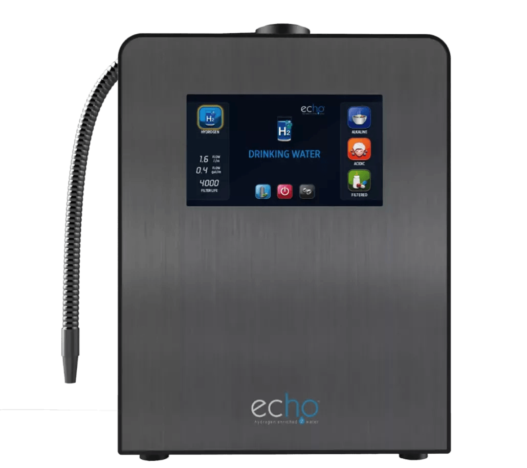 Echo Ultimate Hydrogen Water Machine offering hydrogen, alkaline, acidic, and filtered water options with discount code available.