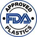 FDA approved plastics logo in blue and white circular design.