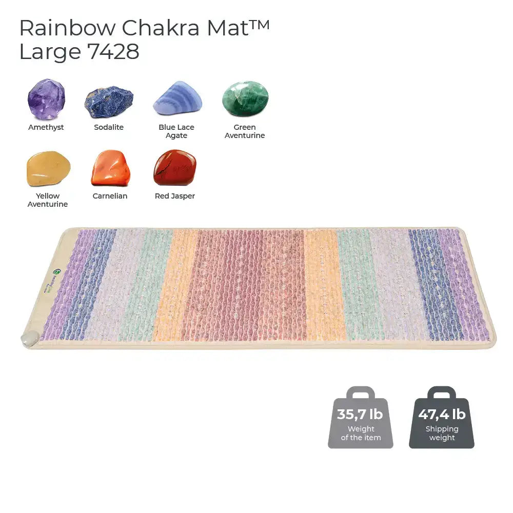 Healthyline Rainbow Chakra PEMF Mat™ 7428 with gemstones for chakra cleansing and recovery.