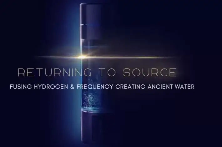 Lumivitae Cell Power Hydrogen Water Bottle with text "Returning to Source" and "Fusing Hydrogen & Frequency Creating Ancient Water".