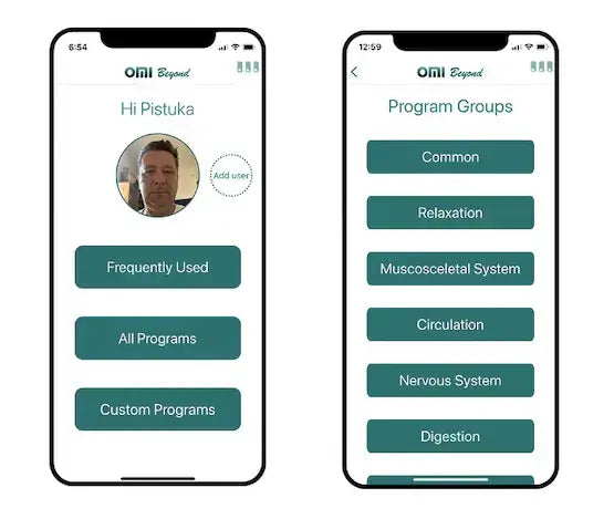 OMI PEMF Mat mobile app interface showcasing program groups for relaxation, musculoskeletal system, and more.