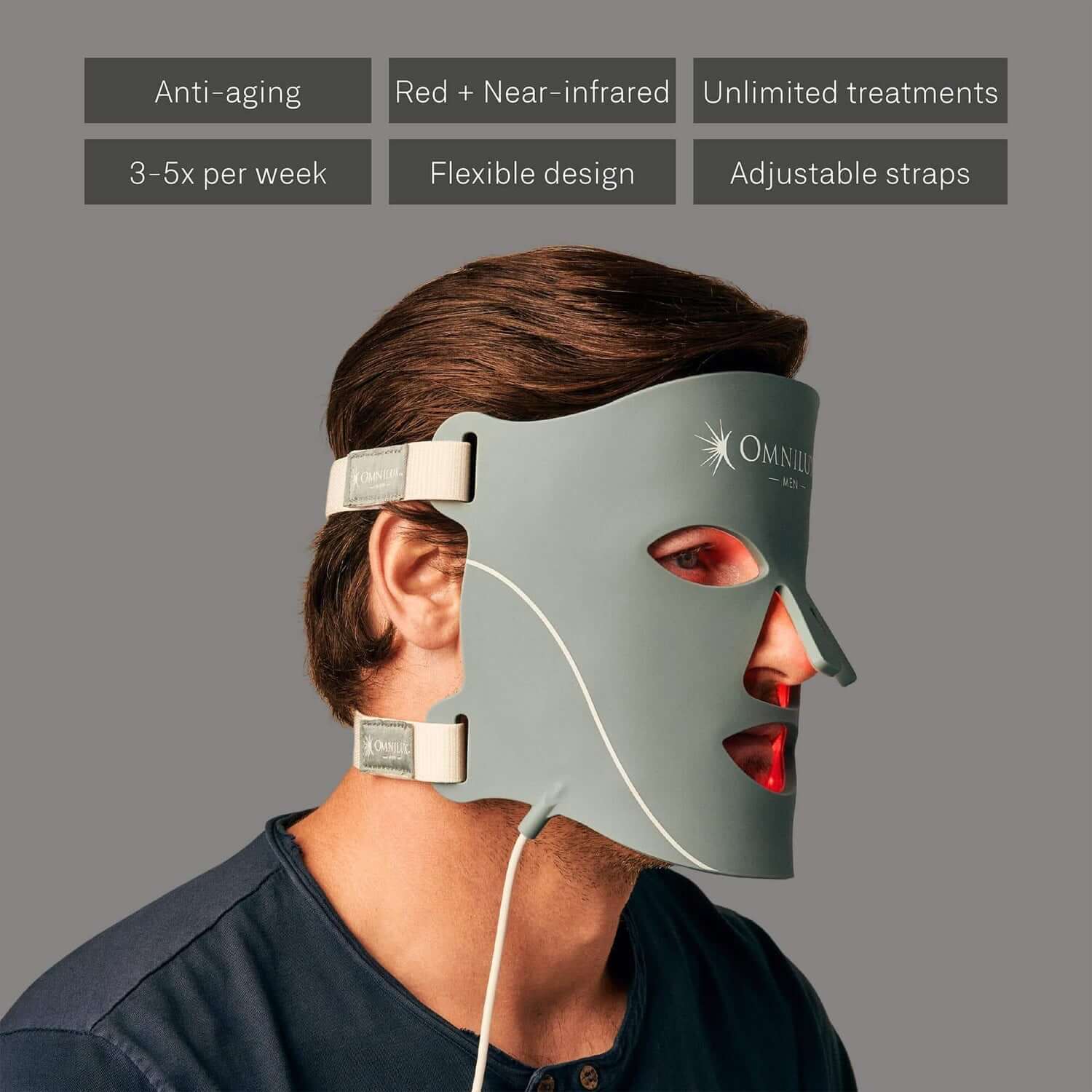 Man wearing Omnilux Red Light Therapy Mask, showcasing adjustable straps and flexible design for men's skin rejuvenation.