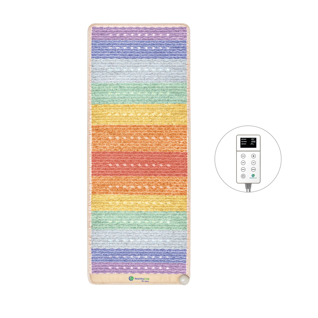 Healthyline Rainbow Chakra PEMF Mat™ 7428 with control panel for chakra cleansing and balancing.