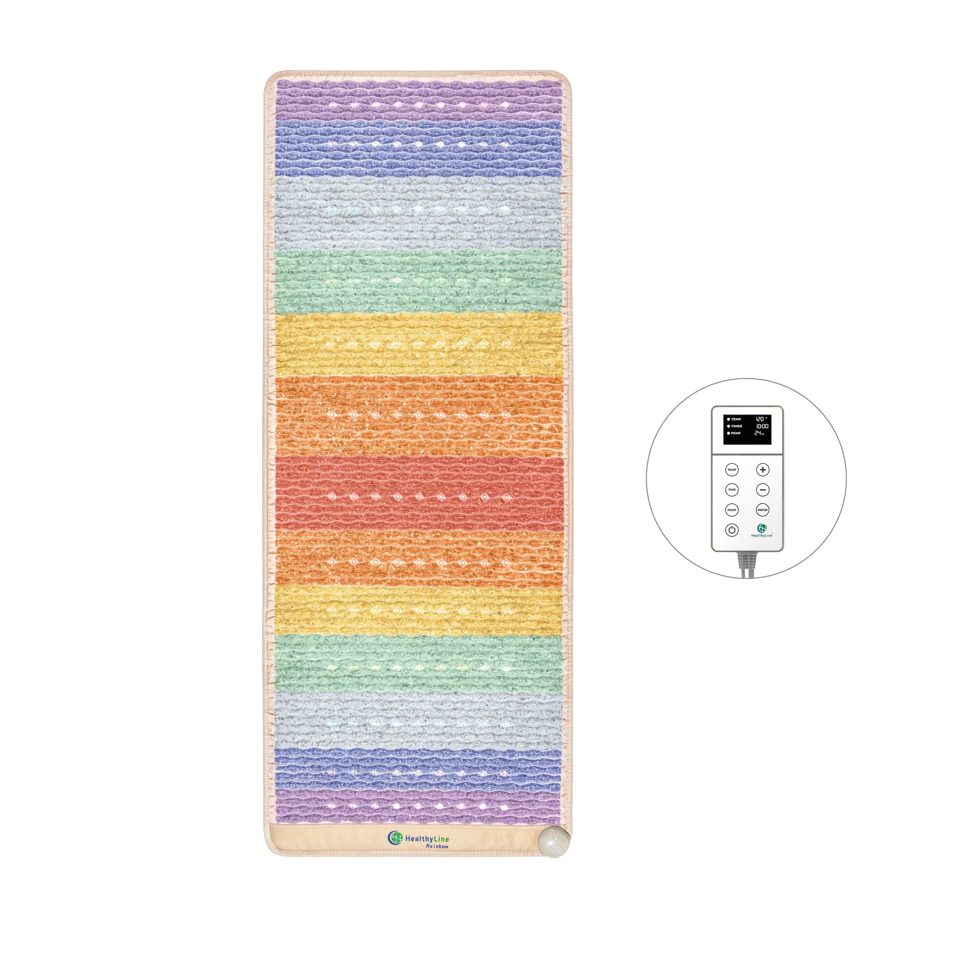 Healthyline Rainbow Chakra PEMF Mat™ 7428 with remote, designed for chakra balancing and recovery.