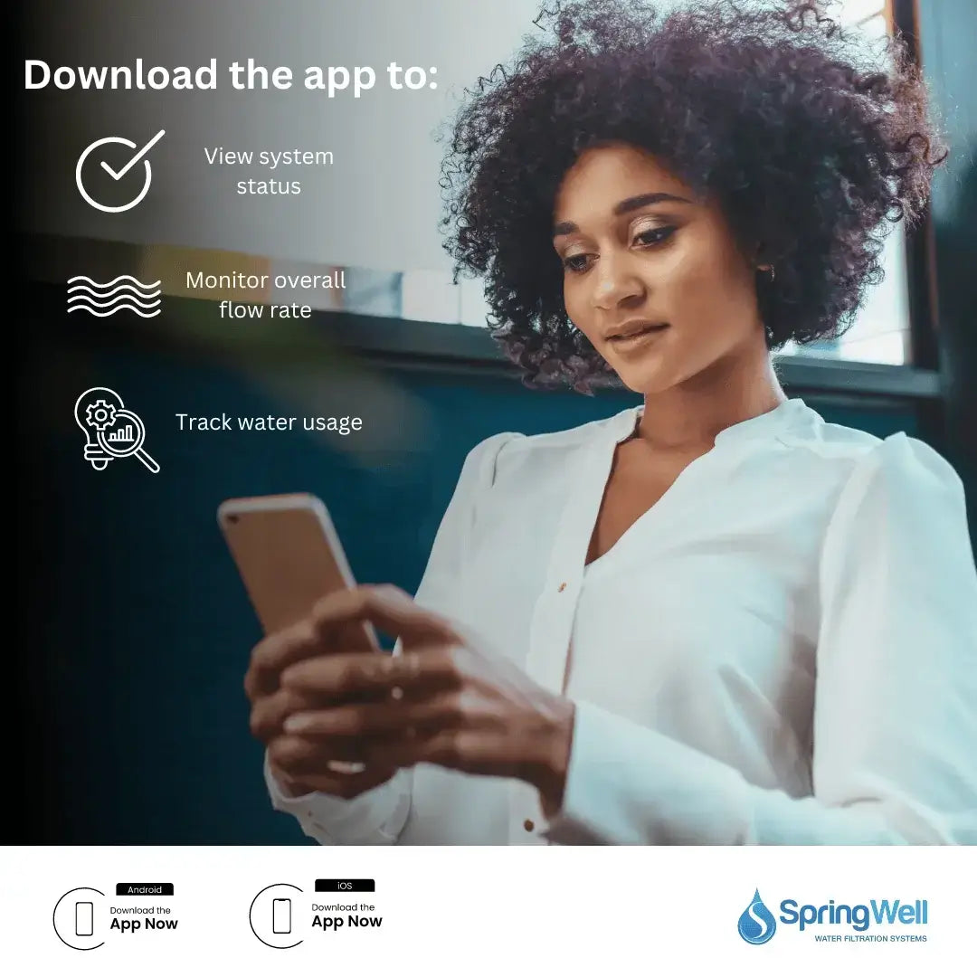 Woman using smartphone to view SpringWell water system features like system status, flow rate, and water usage tracking.