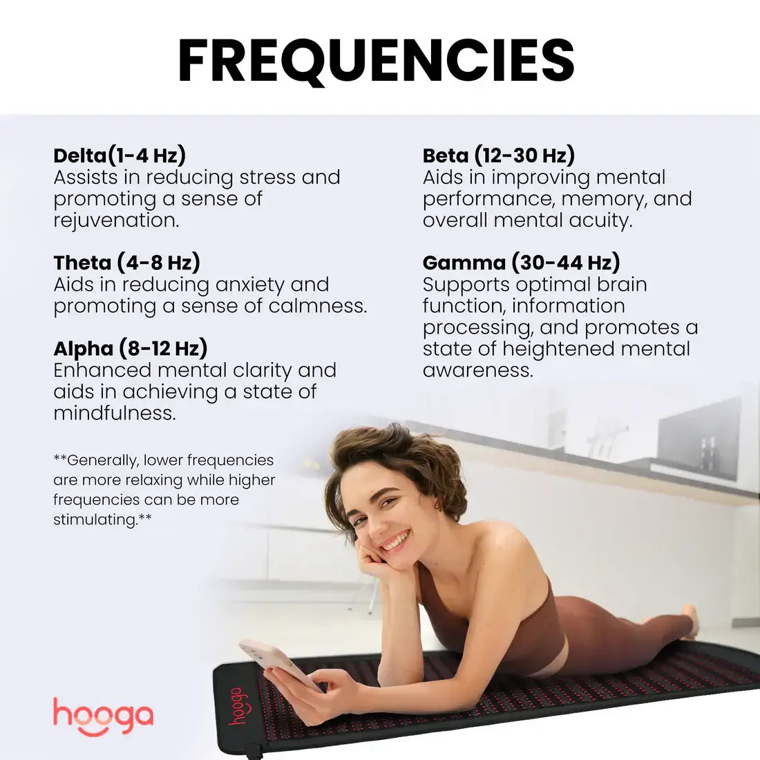 Woman relaxing on Hooga Full Body Infrared PEMF Mat with frequency benefits chart in the background.