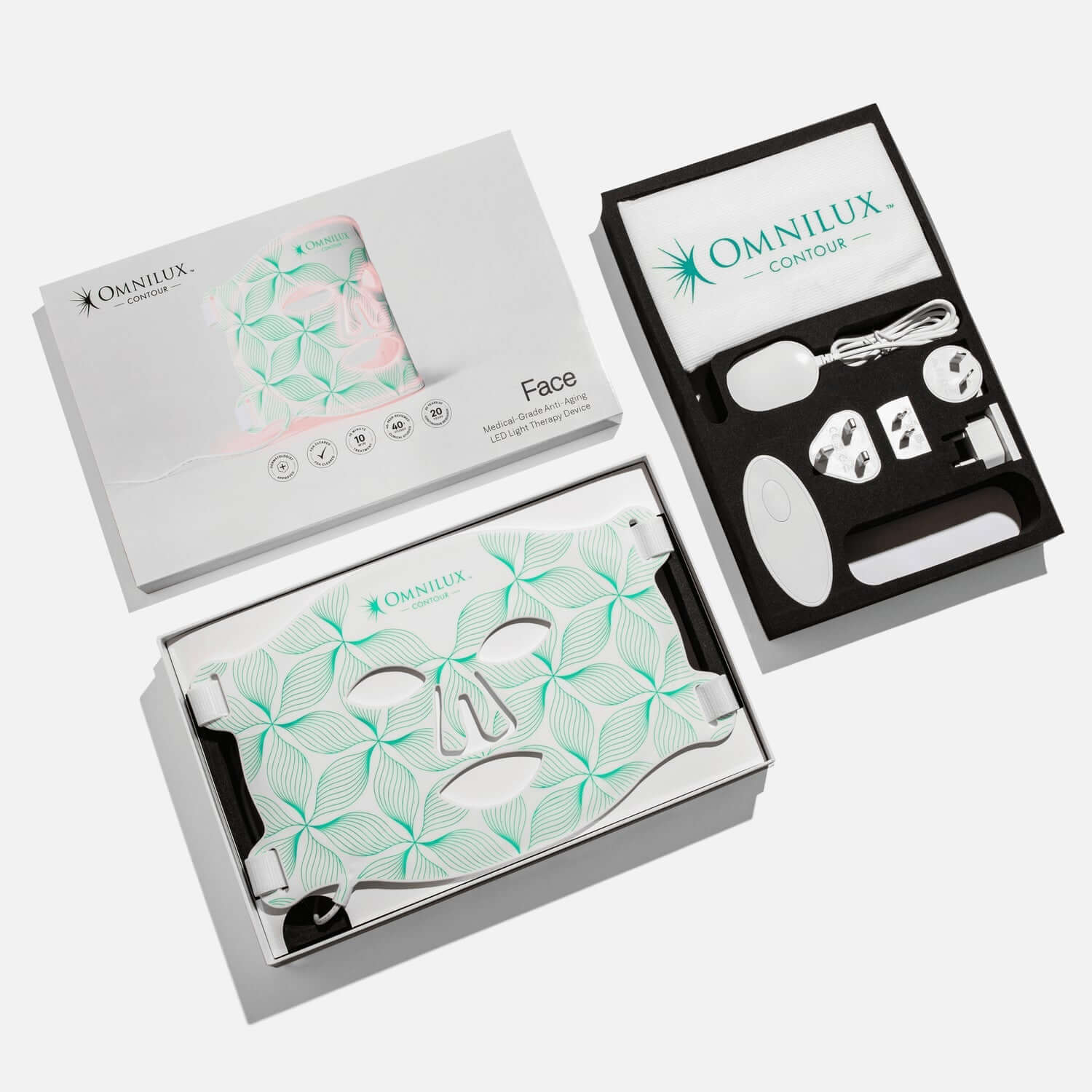 Omnilux Contour Face LED mask and accessories in packaging, ideal for red light therapy for wrinkles and aging.